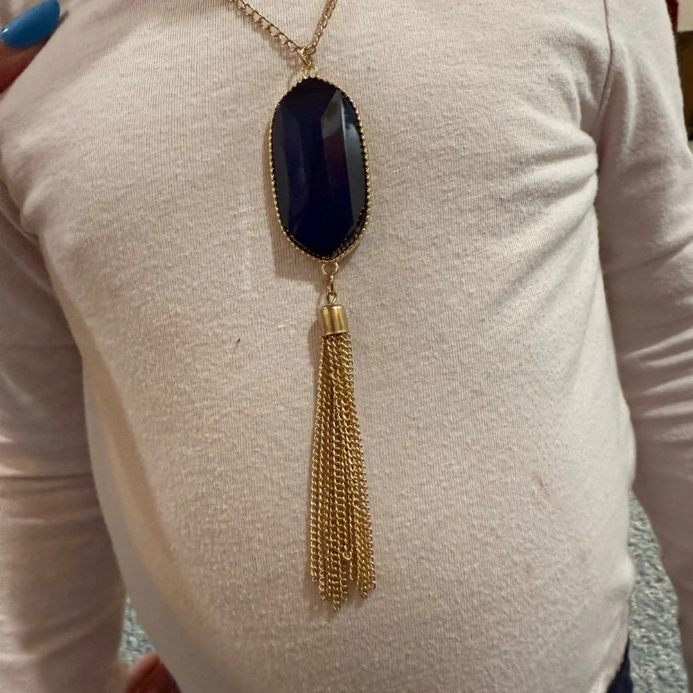 Bright Blue/Gold Necklace 30in Long + Pendant and Tassel - Picture 4 of 8